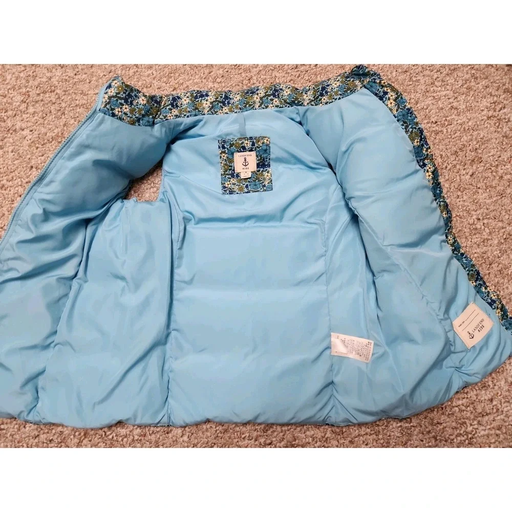 Lands' End Kids Girl's Down Quilted Puffer Vest Small 7-8 Blue Floral Zip Pocket